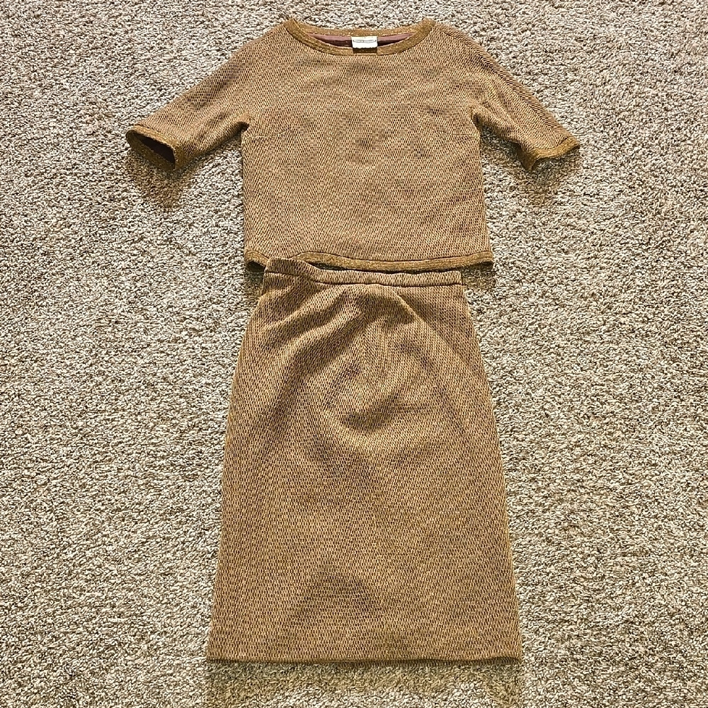 70s Rare Brown & Gold Ribbed Midi Pencil Skirt Set Made In Germany - Picture 1 of 12